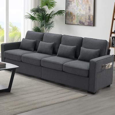 104" 4-Seater Modern Linen Upholstered Sofa with Armrest Pockets and 4 Pillows
