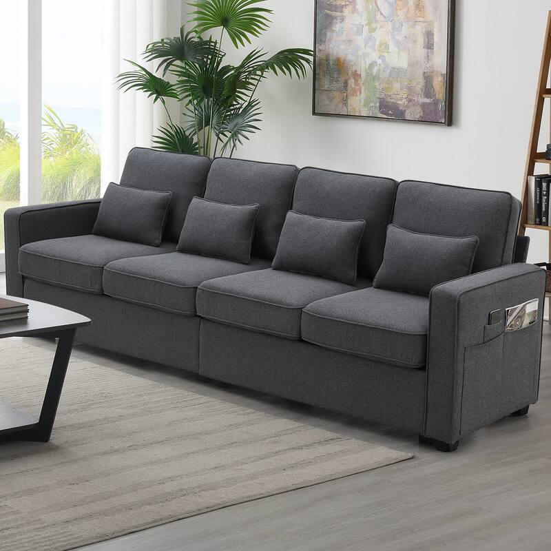Spacious 4-Seater Linen Sofa with Armrest Storage Pockets, 104" Modern Couch with 4 Pillows for Home or Office - Dark Grey