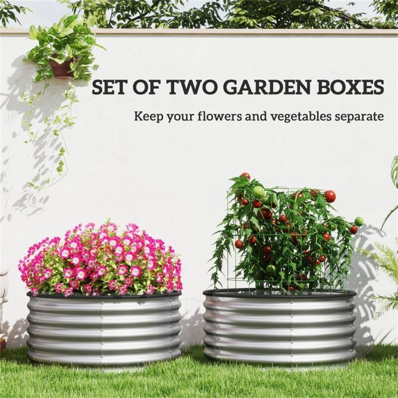 Silver Galvanized Steel Raised Garden Beds Set of 2 with Drainage - 35.5" Dia x 17" H