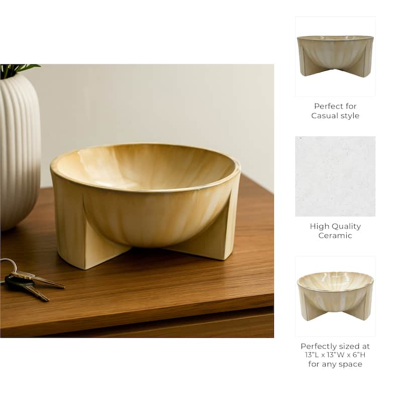 Modern Ceramic Decorative Bowl Sculptural Curved Base - 6", Tan - 13.0"