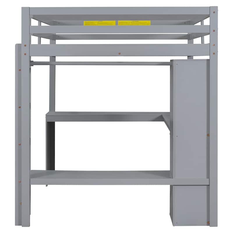 Full Size Solid Wood Loft Bed with L-shaped Desk and Storage Shelves