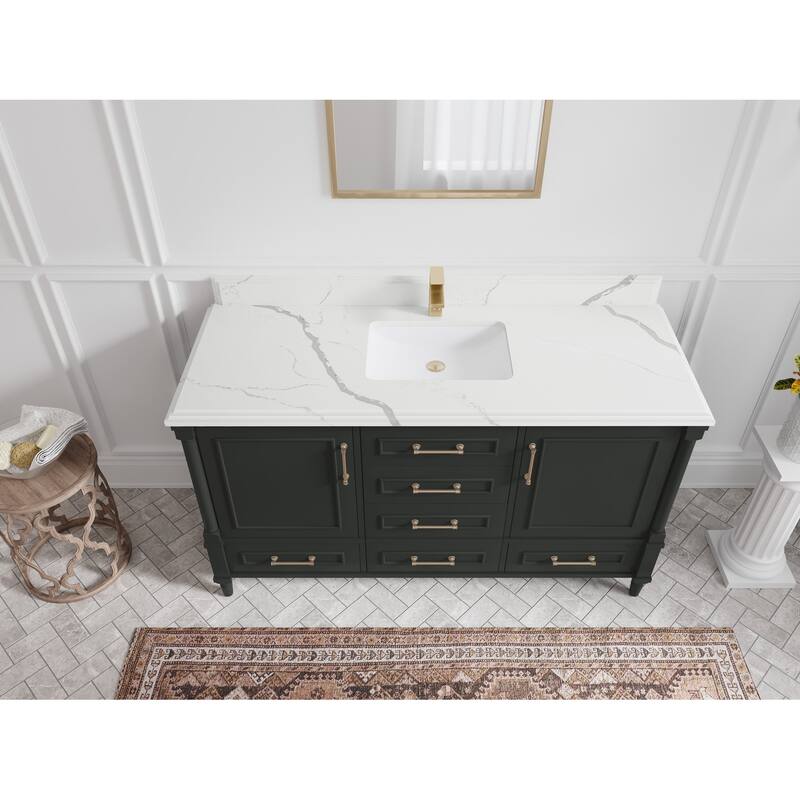 Willow Collections 60 in. W x 22 in. D Aberdeen Single Bowl Sink Bathroom Vanity with Countertop - 1.5" Calacatta Laza - Black Top