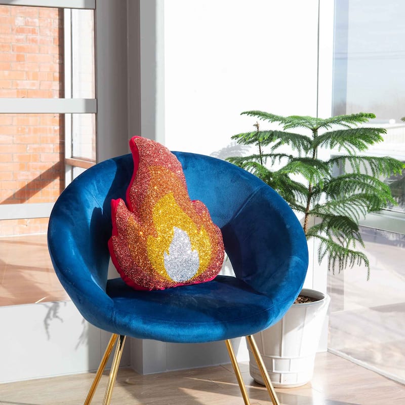 Fire Emoji Shaped Pillow, Luminous Rhinestones on Red Velvet