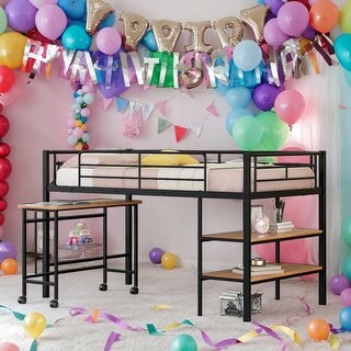 Twin Size Metal Loft Bed with Desk and Shelves, Black