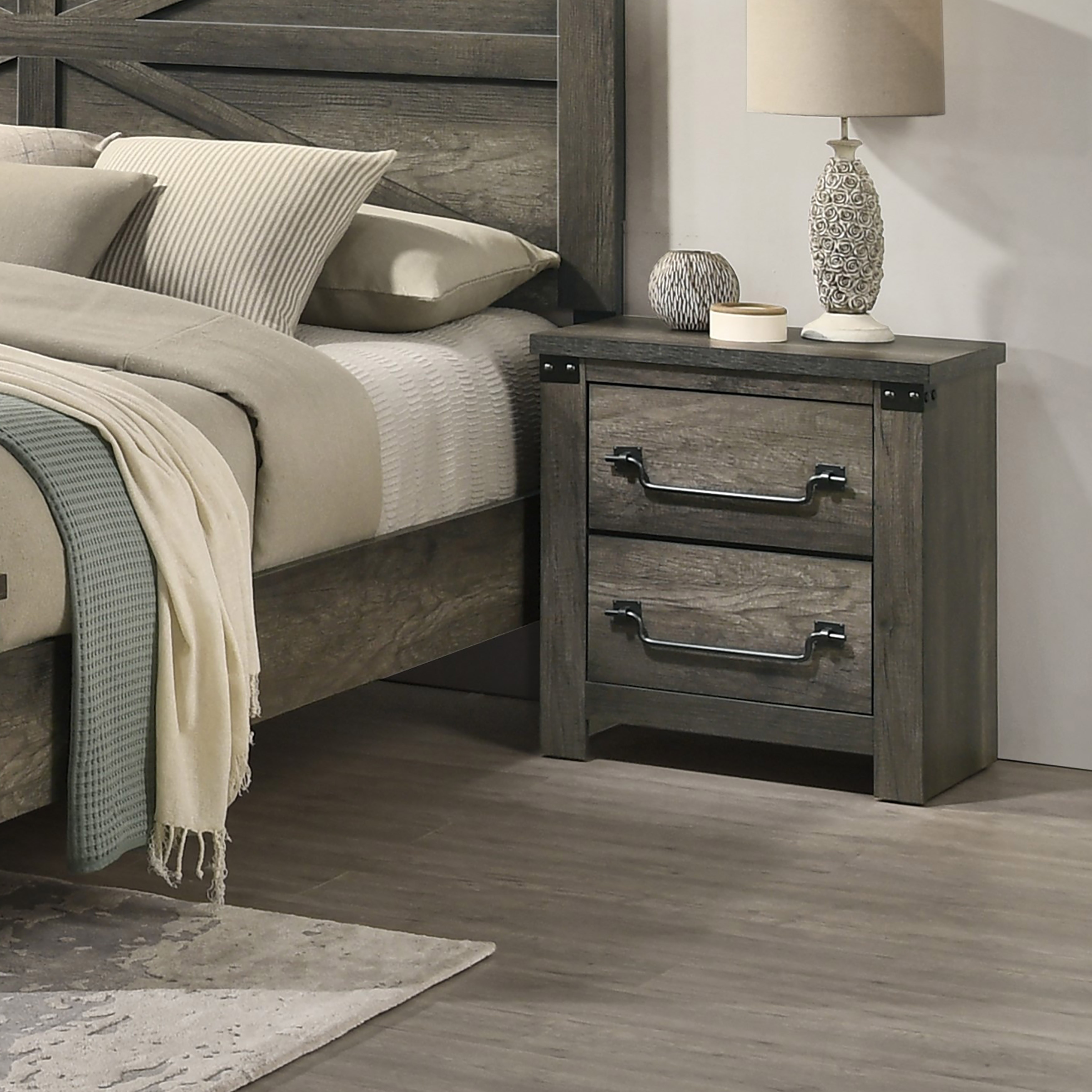 Furniture of America Vraif Farmhouse Rustic Grey Wood 2-Drawer Nightstand
