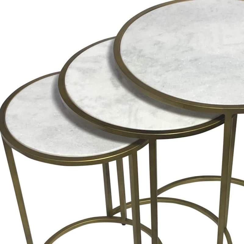 HomeRoots Set of Three White and Antiqued Gold Marble and Iron Round Frame Nested Tables - 17.5 in. x 22 in. x 17.5 in.