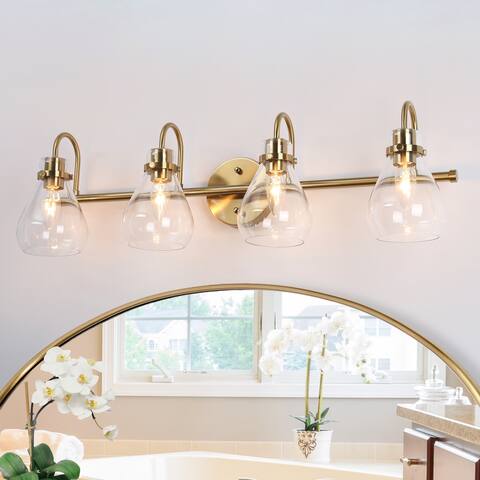 Nalia Modern Brass Gold 4-light Bathroom Vanity Light Dimmable Glass Wall Sconces - L31.5"x W7.5"x H8.5"