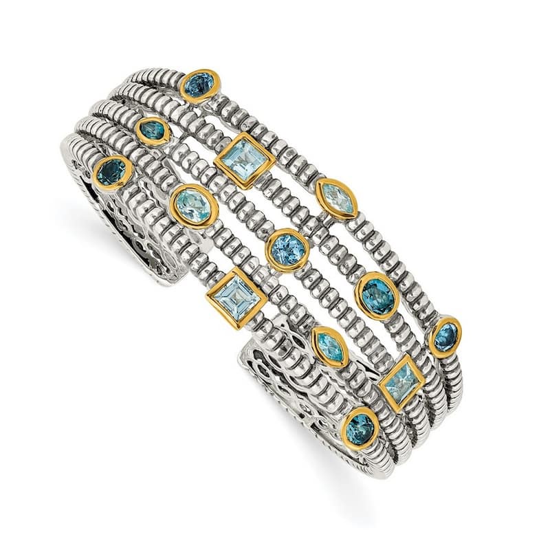 Curata 925 Sterling Silver Bezel Polished With 14k Blue Topaz Cuff Stackable Bangle Bracelet