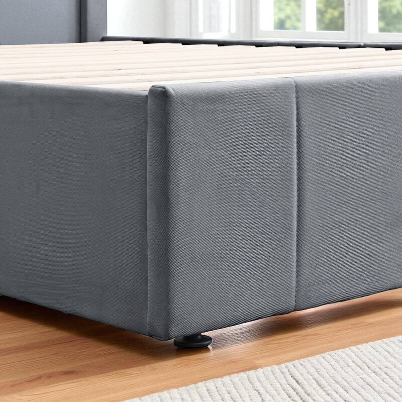 Full/Queen Upholstered Platform Bed with Hydraulic Lift Storage, Linen Headboard and Slats