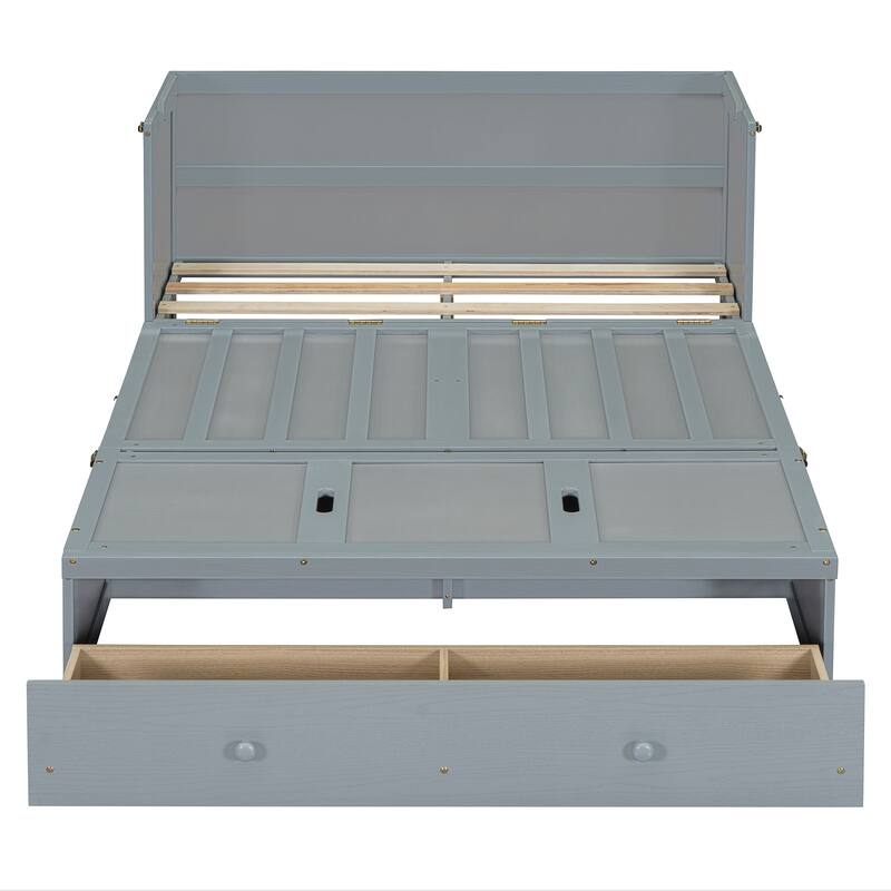 Space-Saving Full Size Murphy Bed with USB Port and Large Drawer, Gray