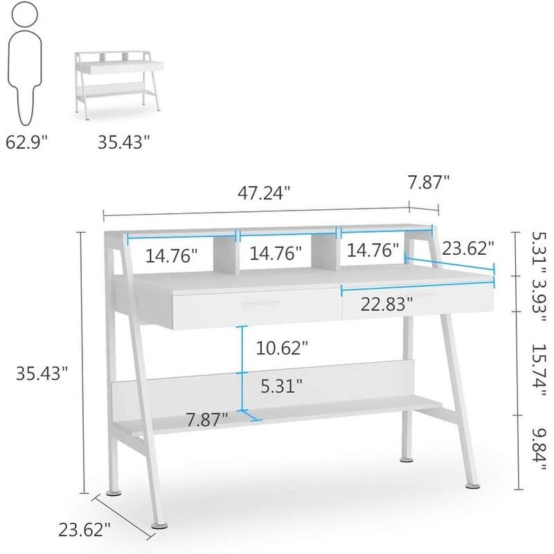47 Inches White Engineered Wood Computer Desk with Storage Shelf & Monitor Stand Riser