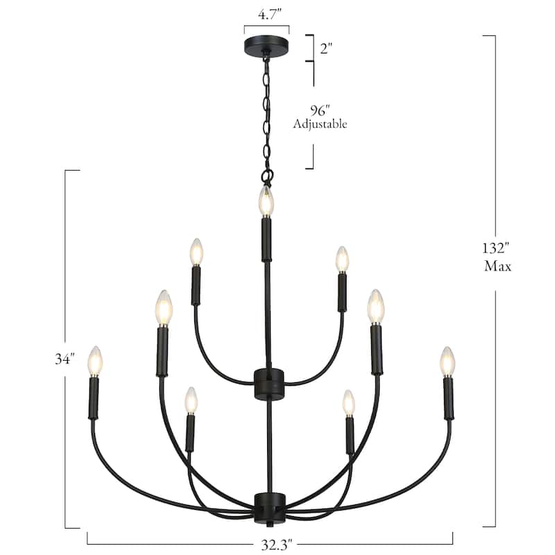 Oriea Modern Farmhouse 9-Light Black Chandelier Classic Candle Lights for Living Dining Room - D 32.3" x H 34"