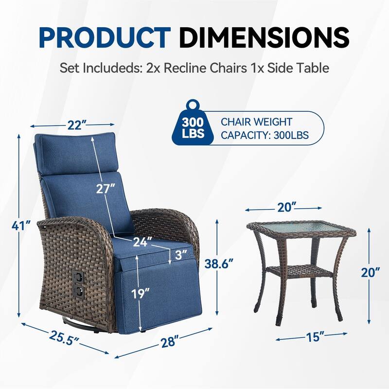Pocassy 2PCS Versatile Outdoor Recliner Chair Blue Cushion