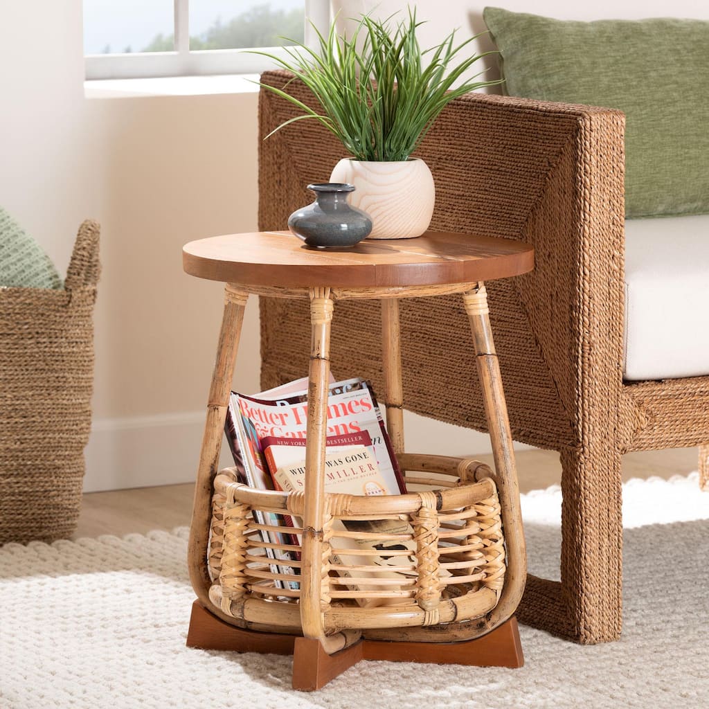 Derenik Natural Rattan and Mahogany Wood End Table - Boho Accent Side Table with Basket Base, Coastal Style Living Room Table