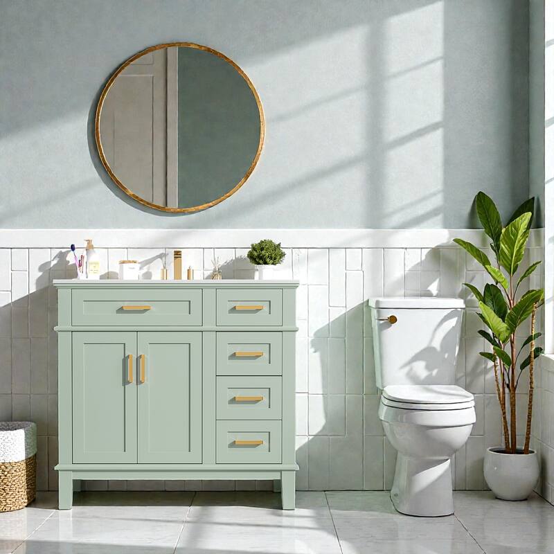 36" Modern Bathroom Vanity with Ceramic Sink, 4 Drawers, 2 Doors, Soft Close, Solid Wood Frame, Freestanding Design