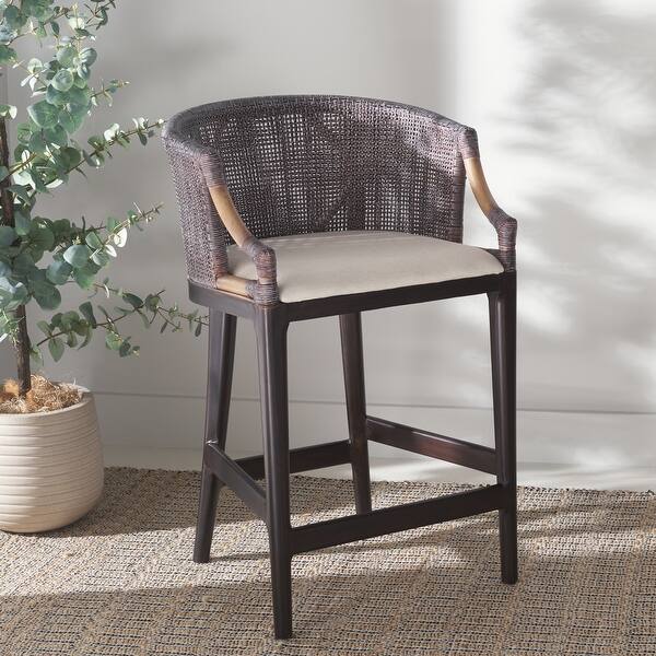 SAFAVIEH Brando Counter Stool with Rattan Barrel Back and Cushioned Seat - 22"W x 21"D x 35"H