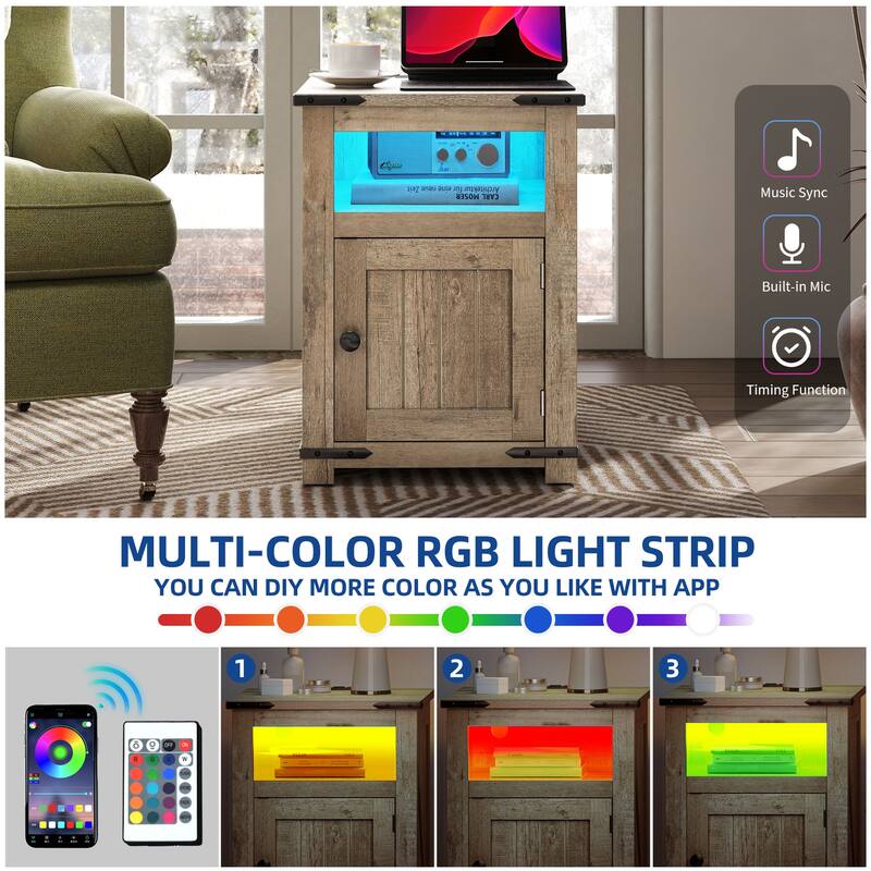 Moasis Farmhouse 3-tier Chairside End Side Table with LED and Charging Station USB Ports