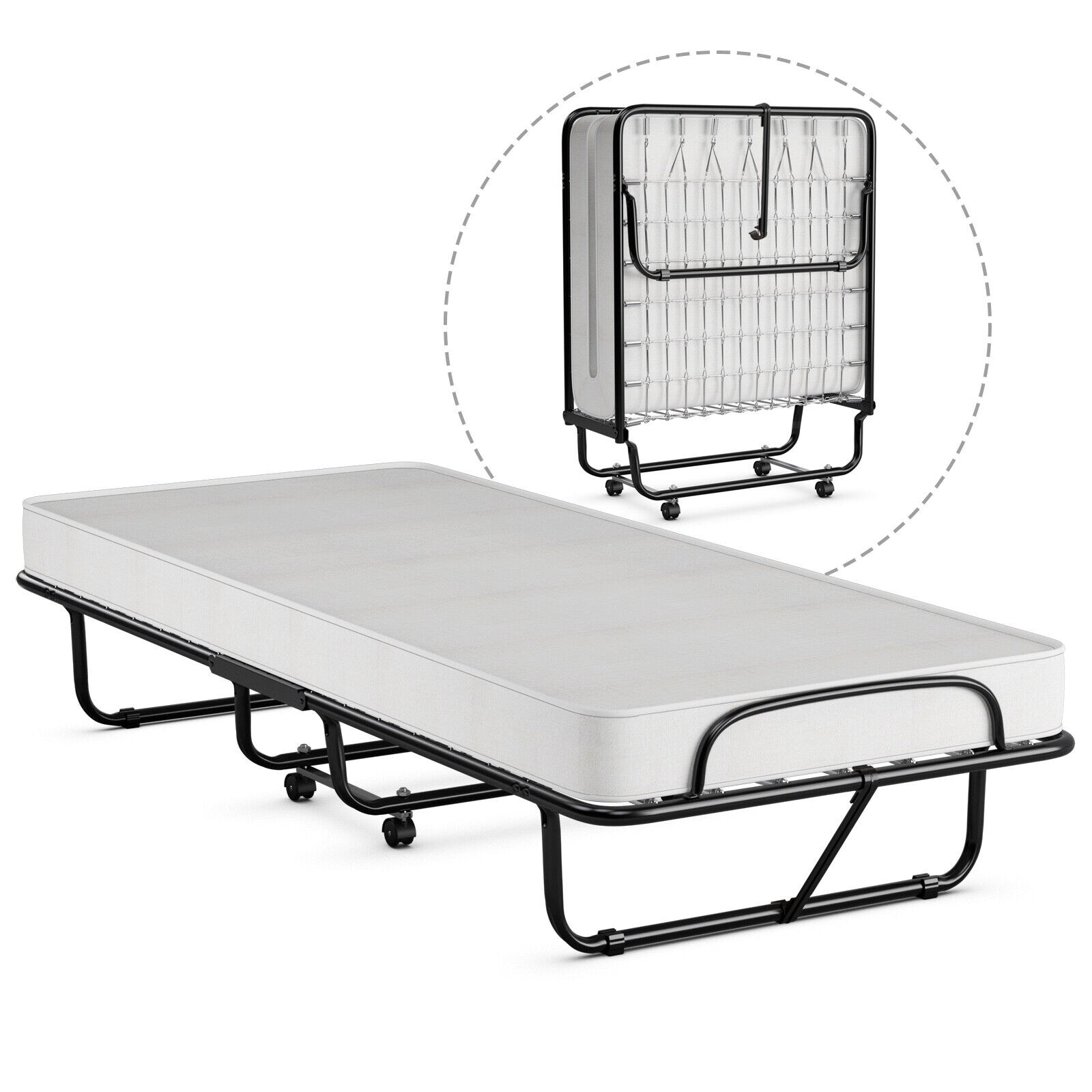 Gymax Rollaway Folding Metal Bed Memory Foam Mattress Cot Guest