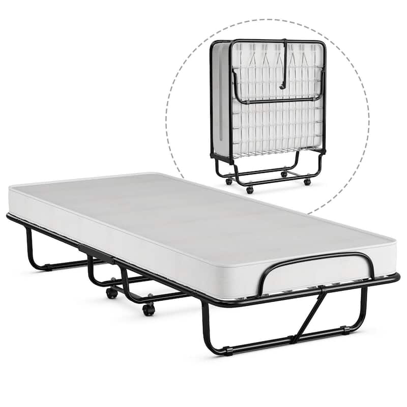 Gymax Rollaway Folding Metal Bed Memory Foam Mattress Cot Guest Made - 31'' x 75'' - White