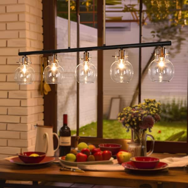 slide 2 of 11, Modern Industrial 5-Light Black Gold Linear Chandelier Clear Glass Kitchen Island Lights for Dining Room