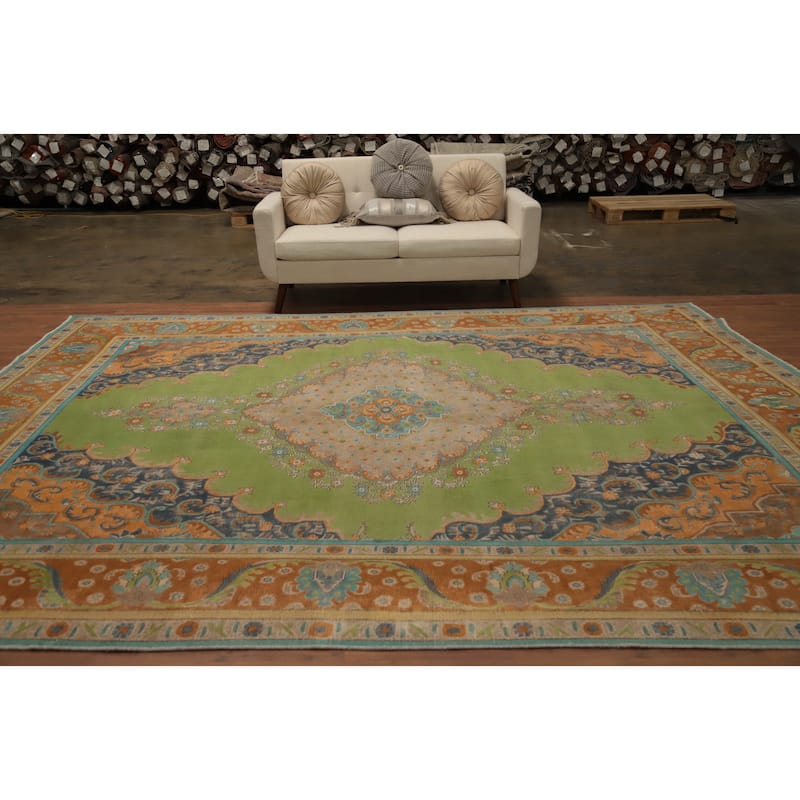 Hand Knotted Oriental 100% Wool Carpet Traditional Floral Green Tabriz Area Rug - 12' 4'' X 9' 8''