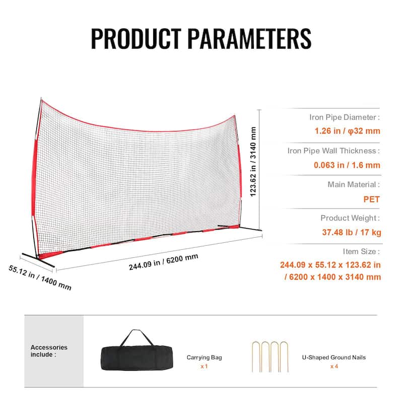 20 x 10 Feet Portable Ball Sports Barrier Protecting Netting with Carry Bag and Steel Pipe Base