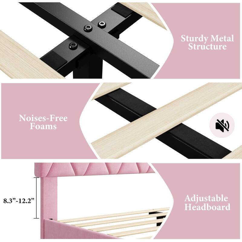 Pink Full Bed Frame with Upholstered Headboard, Heavy-Duty Platform Bed Frame with Strong Wood Slats, No Box Spring