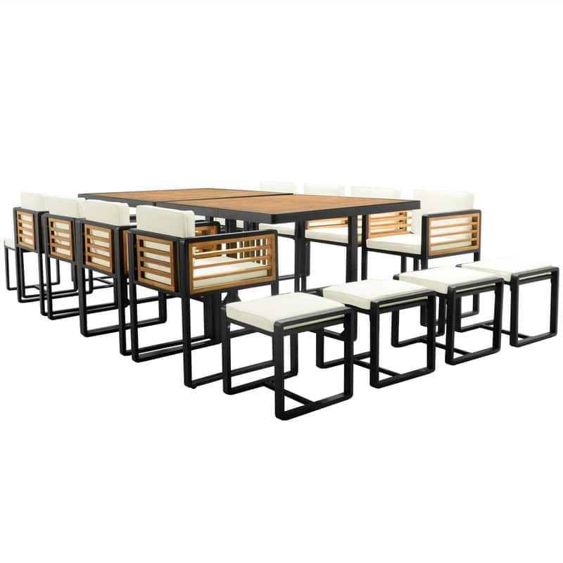 9-Piece/18-Piece Acacia Wood Patio Dining Set, Outdoor Dining Table Set with Cushioned Chairs, Ottomans and 1 Square Table