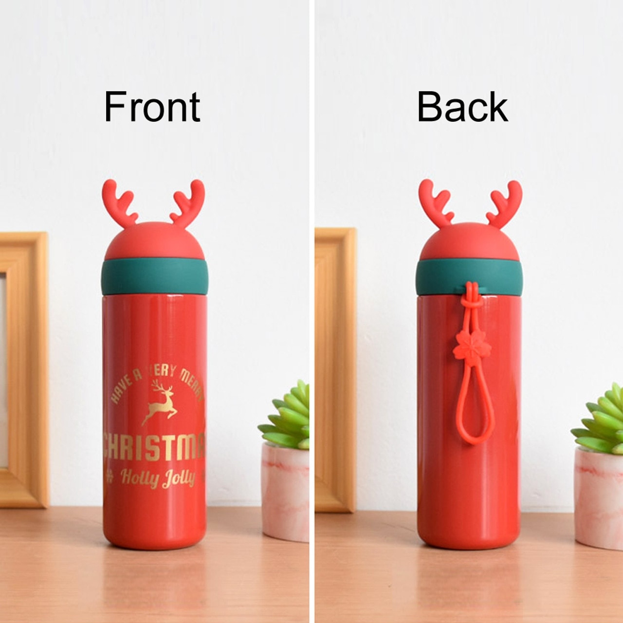 Reindeer Coffee Tumbler Insulated Metal Christmas Thermos Cup Hot Cold Screw Lid - Green