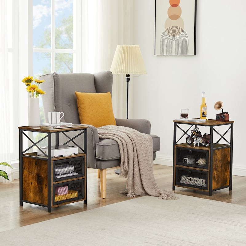 4-Pieces Bedroom Set with Drawer and Nightstands Set of 2, 5-Drawer Dresser, Brown/Grey Set