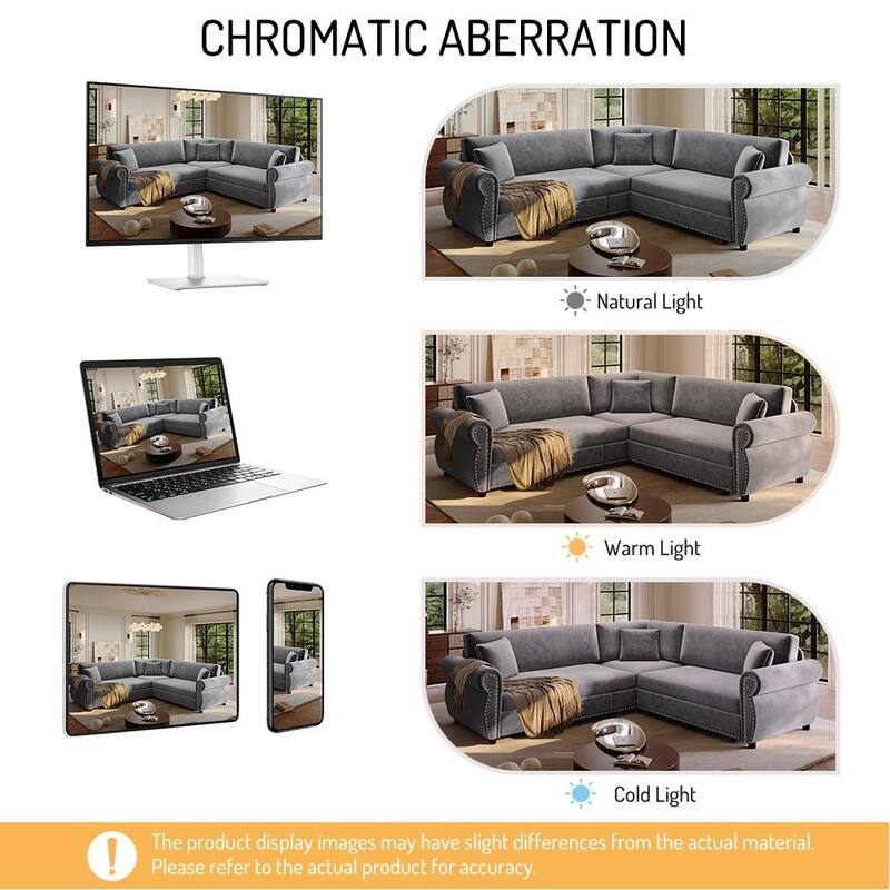 88.2" L-Shaped Sleeper Sectional Sofa with Pull-Out Bed - Chenille Convertible Couch, Nailhead Trim, for Living Room