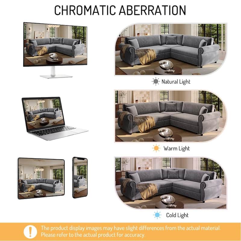 Homy Casa L-Shaped Sectional Sofa w/ Pull-Out Bed, Chenille Sleeper Couch w/ Nailhead Trim & Rolled Arm, Oversize