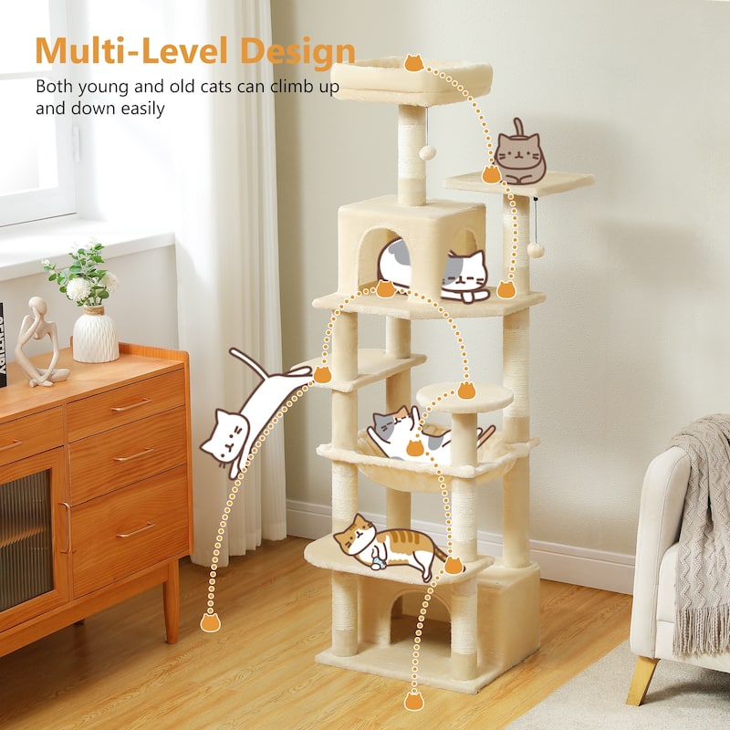64.5" Cat Tree with Sisal-Covered Scratching Posts, 2 Padded Perch, Dual Condo and Basket