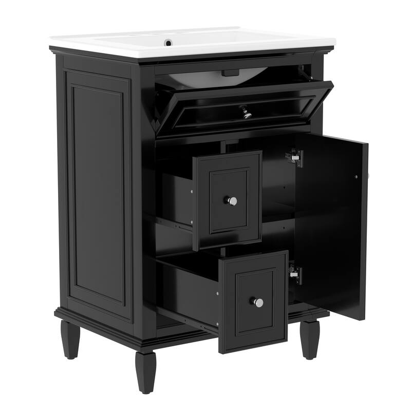 Roomfitters 24" Bathroom Vanity with Sink, Solid Wood Frame, Flip Drawer, 2 Side Drawers & Adjustable Shelf