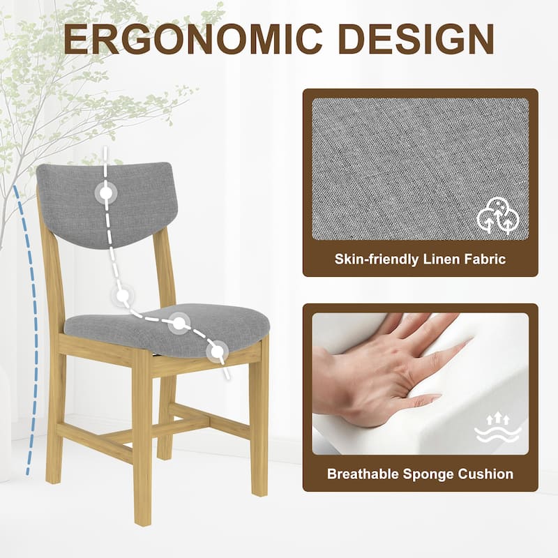 4-Piece Rustic Farmhouse Dining Chair Set, Solid Wood Frame with Gray Fabric Upholstered Cushion