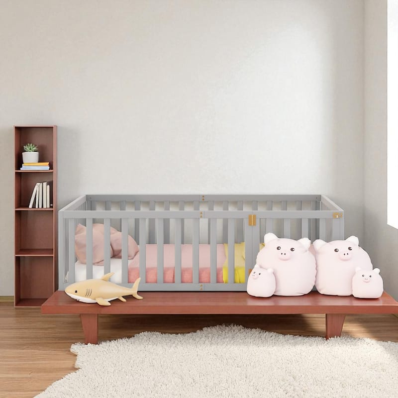 Full Size Wooden Floor Bed Frame with Fence and Door, Montessori Daybed for Kids, No Slats Needed