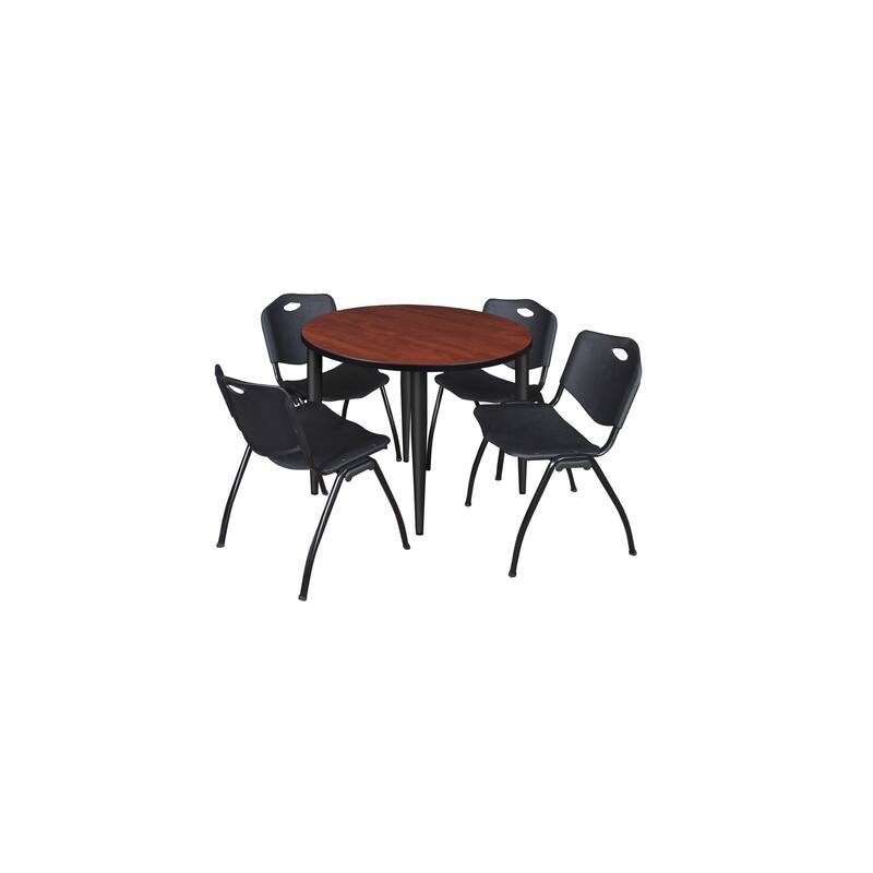 36 in. Round Breakroom Table- Cherry Top, Black Base & 4 M Stack Chairs- Black