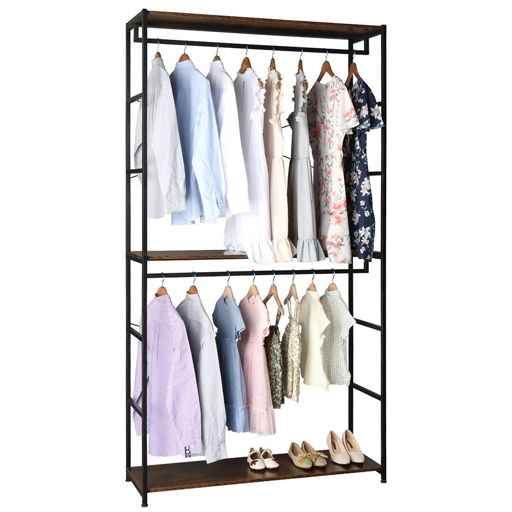 Double Rod Closet Organizer, Freestanding 3 Tiers Shelves Clothes Rack