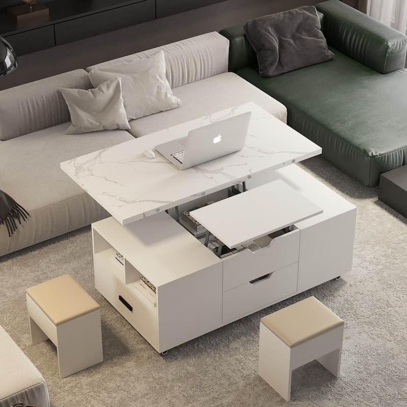 Modern Lift-Up Coffee Table with 2 Stools Set for Living Room Expandable Hidden Storage + Drawers Space Saving Folding Table