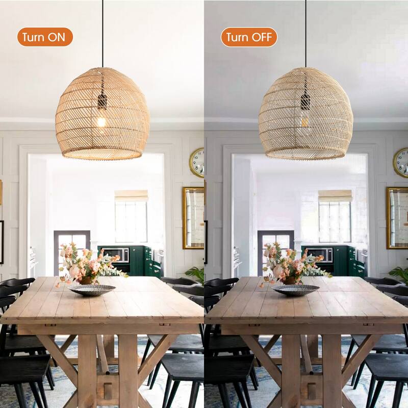 1-Light Coastal Style Brown Hand-Woven Rattan Cloche Hanging Pendant Light - 15.7" W x 62.9" H