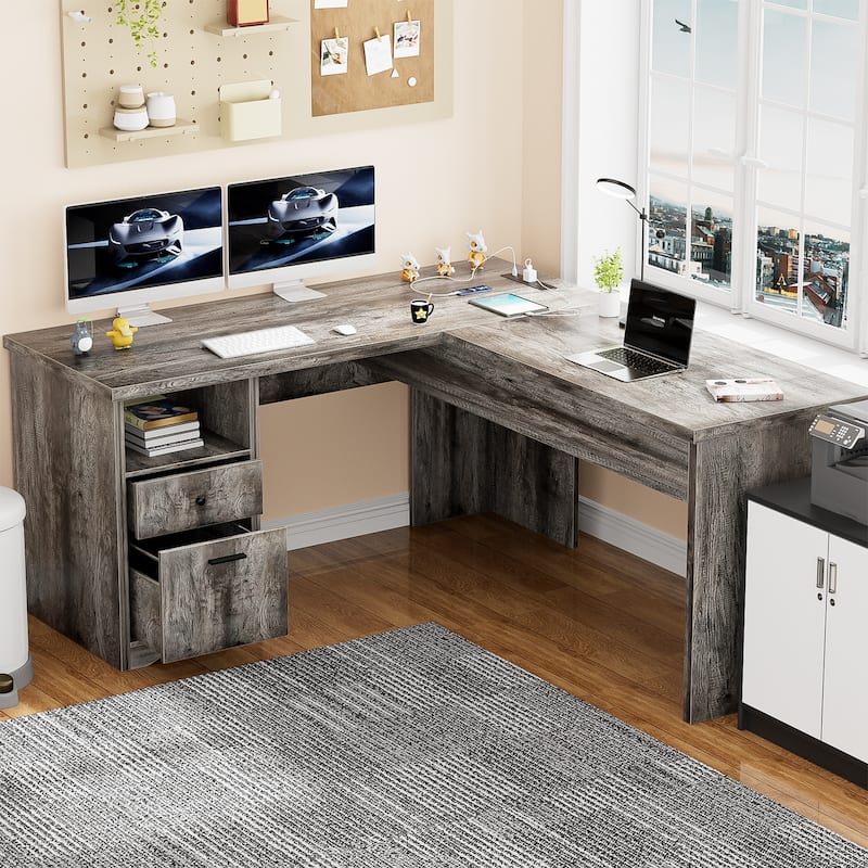 Modern Farmhouse Lift Top L-Shaped Desk with Charge Station, Corner Desk with File Drawers for Home Office