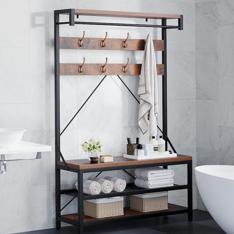 Coat Rack Shoe Bench Industrial Hall Tree Storage Bench