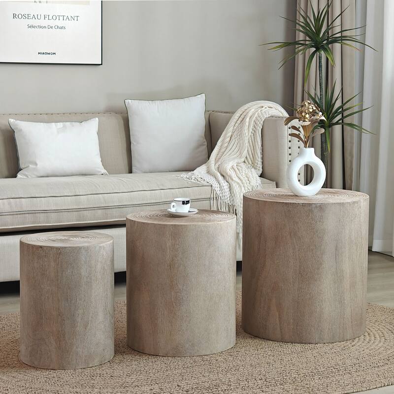 Roomfitters Round Wood Coffee Table Set of 3 with Natural Finish, Nesting Accent & Side Tables, Tree-Stump Design