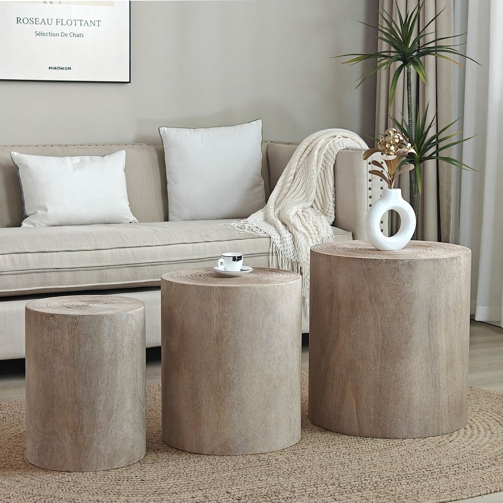 Roomfitters Round Wood Coffee Table Set of 3 with Natural Finish, Nesting Accent & Side Tables, Tree-Stump Design