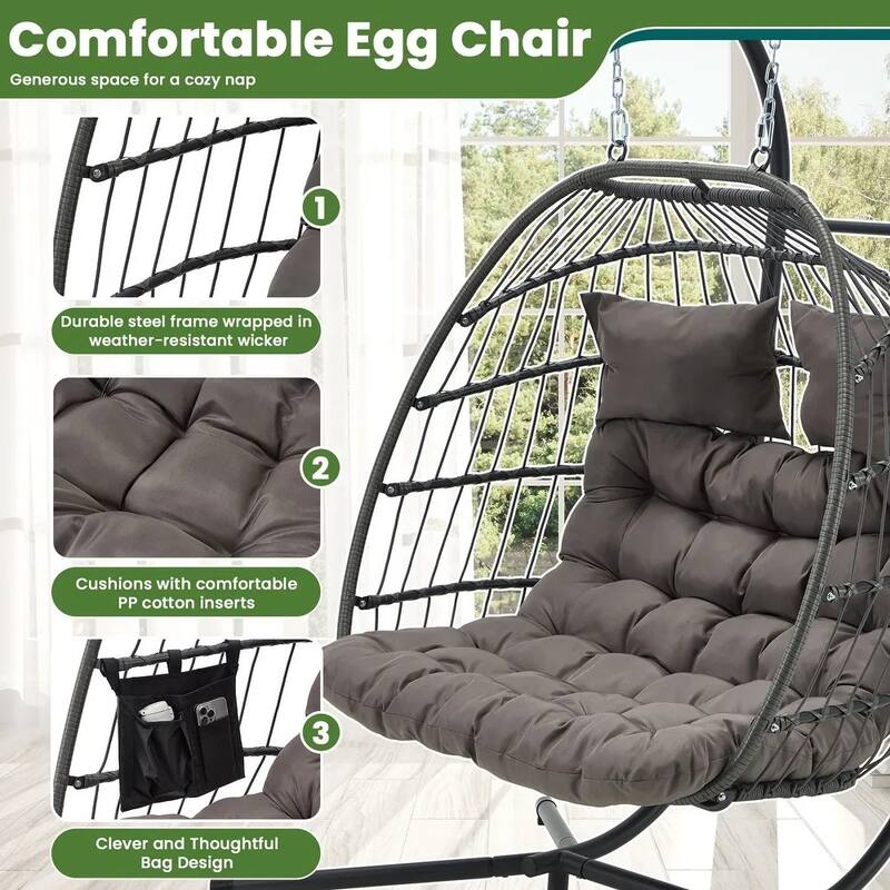 EROMMY Hanging Egg Chair with Stand, Portable Indoor/Outdoor Swing Chair with Cushion and Pillow, Wicker Patio Swing,Grey