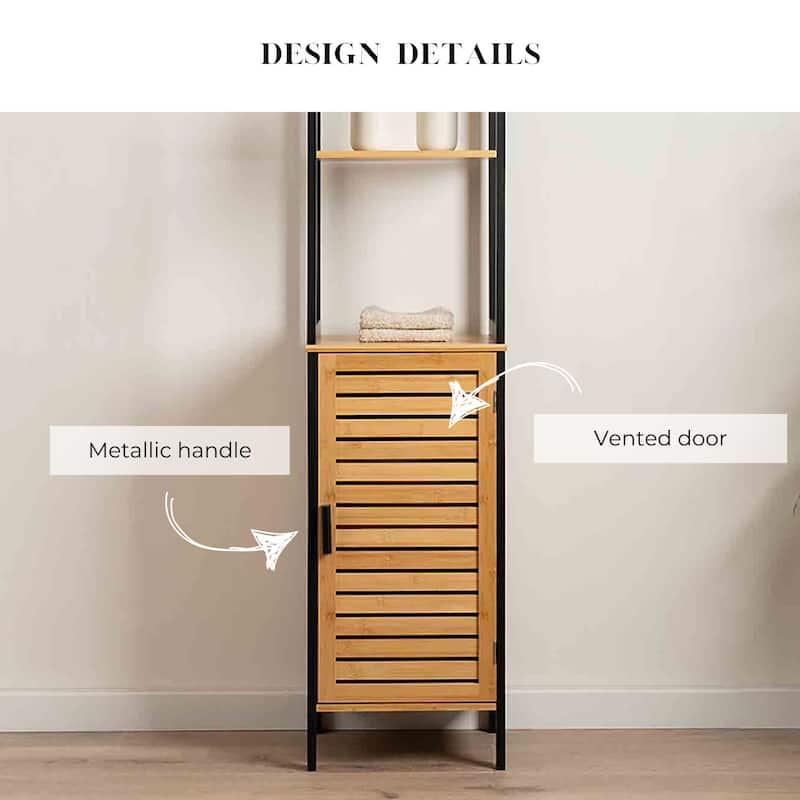 Natural Slim Storage Cabinet with Shelves, Modern Black Frame - 13.4"L x 12"W x 68"H