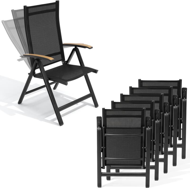 Outdoor Patio Aluminum Folding Chairs Set with Adjustable Backrest, Solid Wood Armrest - Black - 6PC