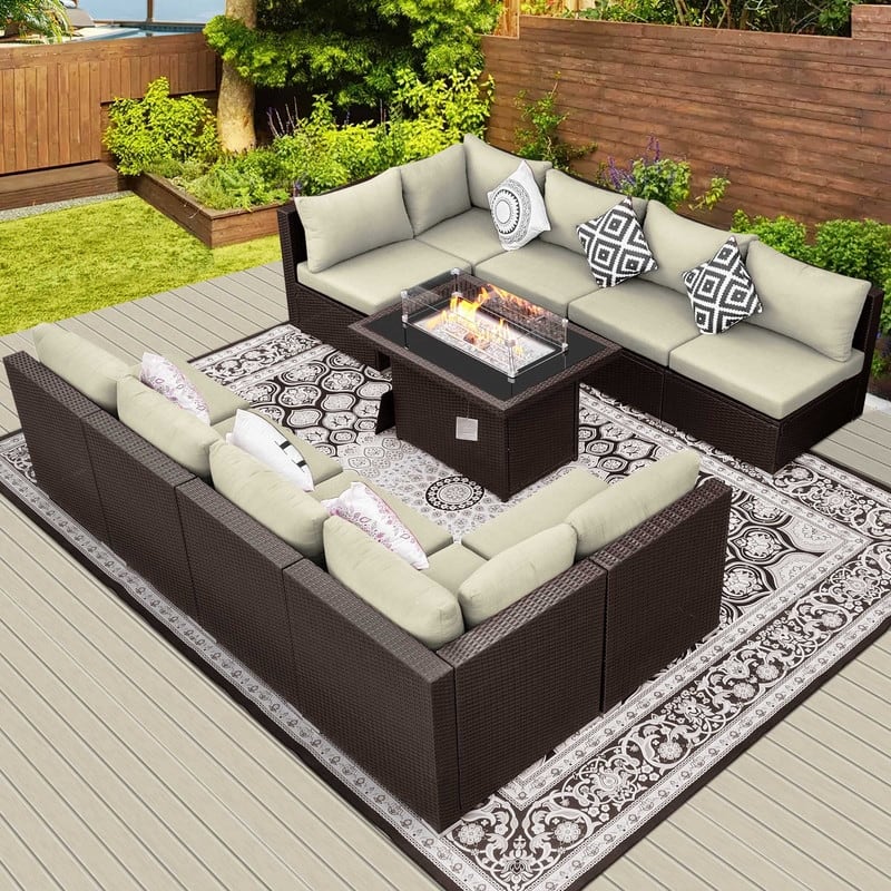 FINCATI Outdoor Wicker Patio Furniture Conversation Sectional Sofa Set - 11 PCS - Beige