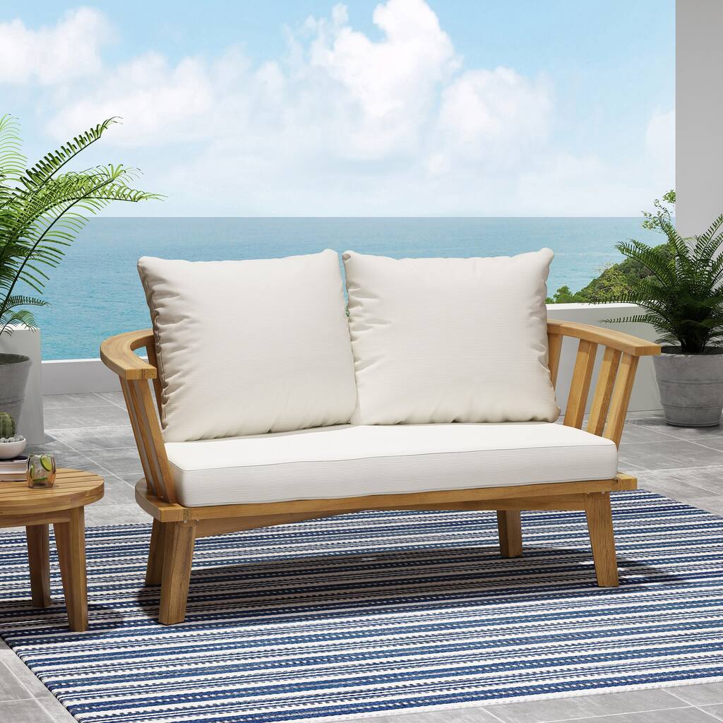 Outdoor Wooden Loveseat with Cushions - White/Teak - 55.50" W x 27.00" D x 25.50" H