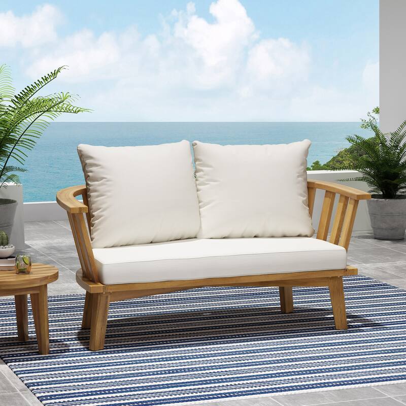 Roomfitters Outdoor Wooden Loveseat with Cushions, White and Teak Finish, Weather-Resistant Teak Wood - Teak